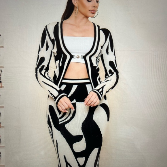 Jacquard sweater cardigan top and midi skirt set. - Picture 1 of 5